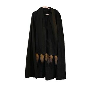 Vtg Wellington Fashions Black Merino Wool Drape Coat Cape Fur Trim Featherlite